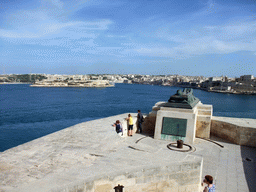 The Grand Harbour, Villa Bighi at the town of Kalkara, Fort St. Angelo, the town of Birgu and the World War II Memorial at the Siege Bell Monument at Valletta