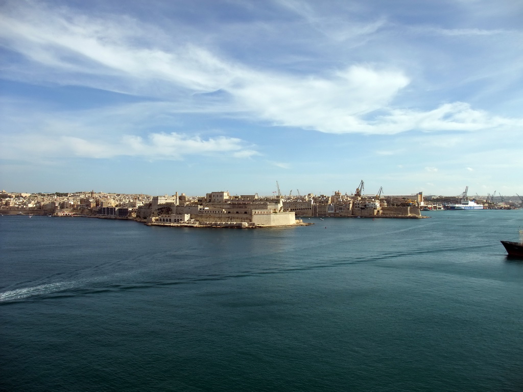 The Grand Harbour, Fort St. Angelo and Fort Saint Michael, viewed from the Lower Barracca Gardens at Valletta