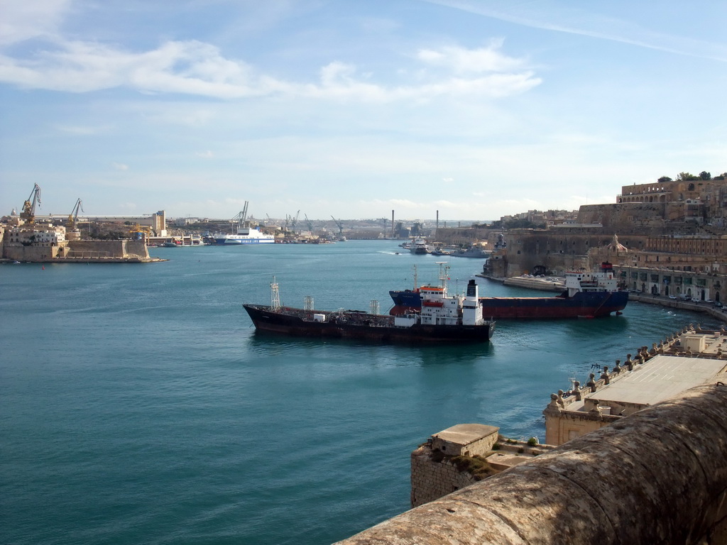 The Grand Harbour, Fort Saint Michael and the Valletta Waterfront, viewed from the Lower Barracca Gardens at Valletta