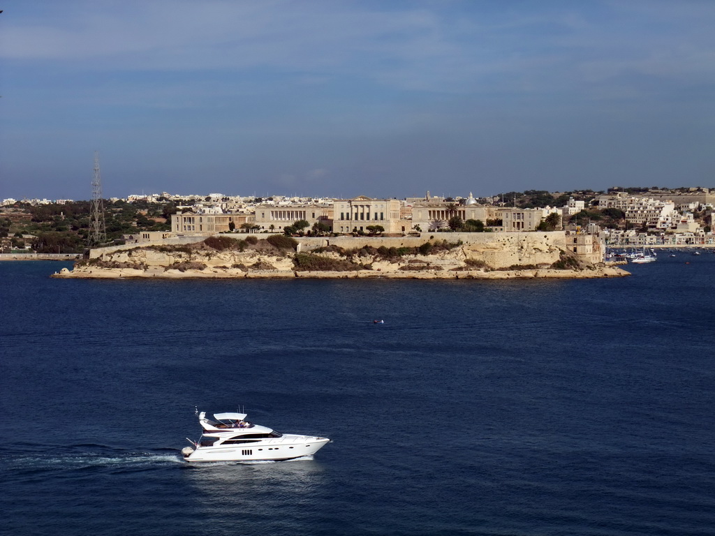 The Grand Harbour and Villa Bighi at the town of Kalkara, viewed from the Lower Barracca Gardens at Valletta