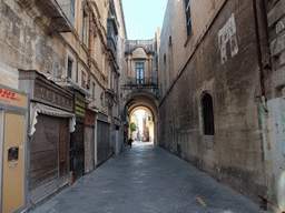 Street leading to Republic Square with a passageway between the Grandmaster`s Palace and the National Library at Valletta
