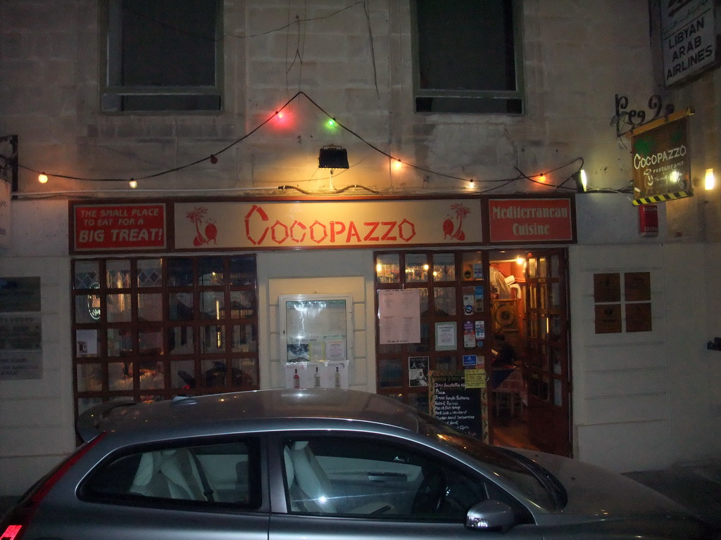 The front of Restaurant Cocopazzo at South Street at Valletta, by night