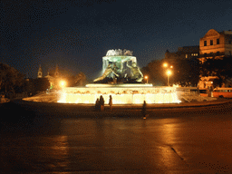 The Triton Fountain at City Gate Square at Valetta, and the St. Publius Parish Church Floriana, by night