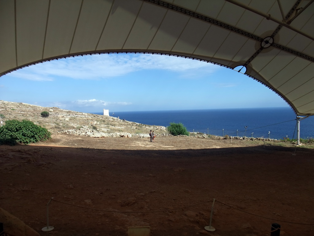 The Hamrija Tower and the Mediterranean Sea, viewed from the Mnajdra Temples