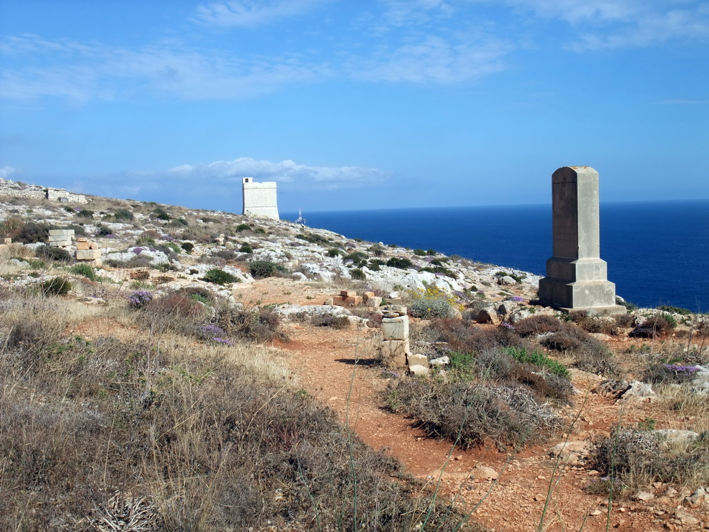 The Hamrija Tower, a tombstone and the Mediterranean Sea