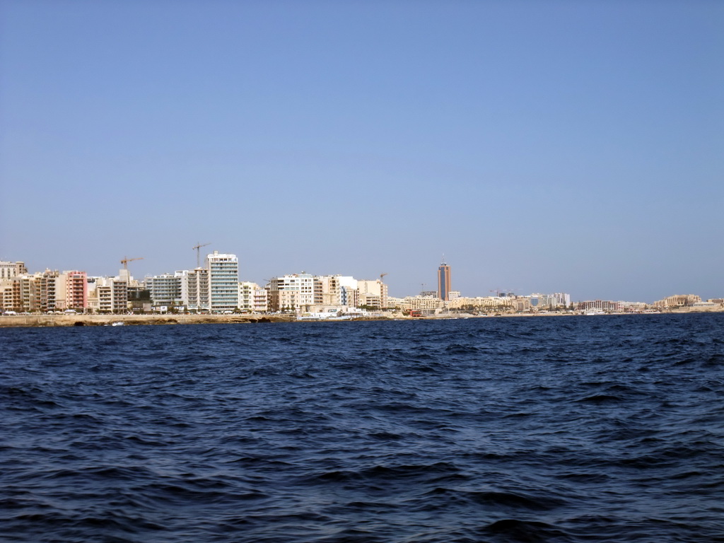 St. Julian`s and the Hilton Malta Hotel, viewed from the Luzzu Cruises tour boat from Malta to Gozo