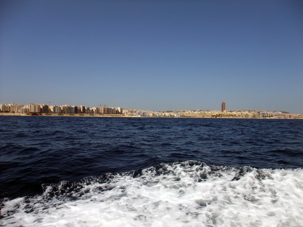 St. Julian`s and the Hilton Malta Hotel, viewed from the Luzzu Cruises tour boat from Malta to Gozo