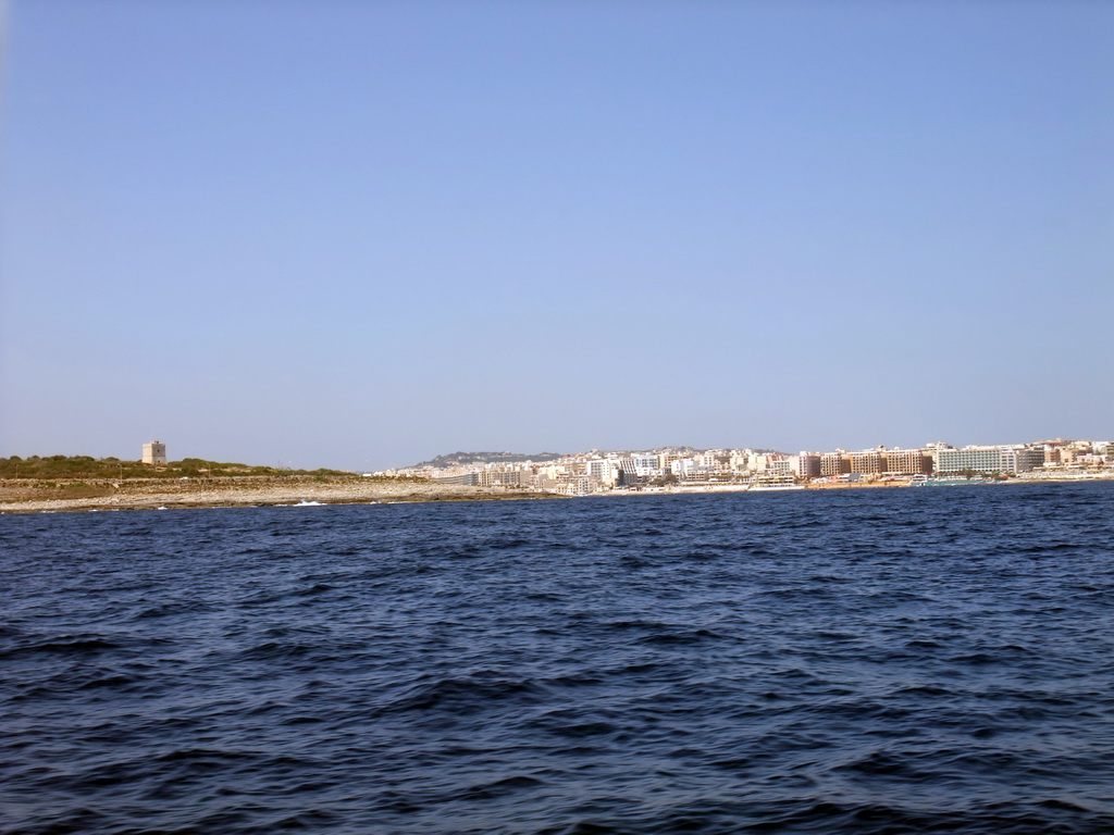 The Ghallis Tower and the town of Qawra, viewed from the Luzzu Cruises tour boat from Malta to Gozo