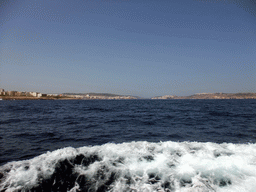 The town of Qawra, Xemxija Bay and the town of Xemxija, viewed from the Luzzu Cruises tour boat from Malta to Gozo