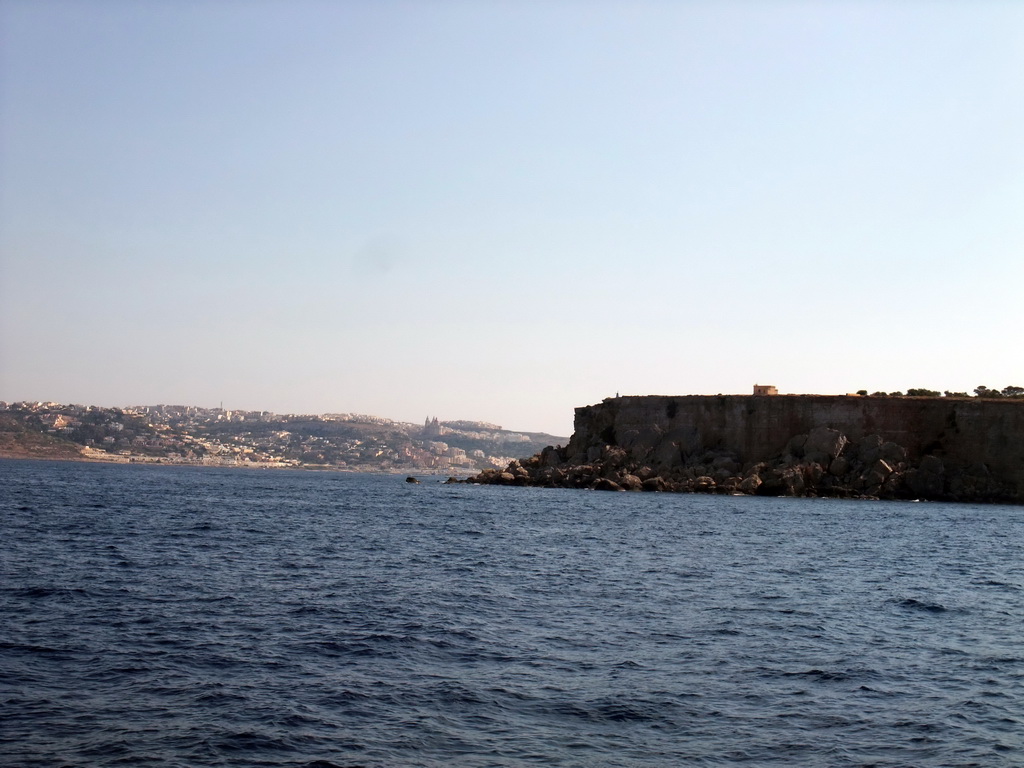Mellieha Bay and the town of Mellieha, viewed from the Luzzu Cruises tour boat from Comino to Malta
