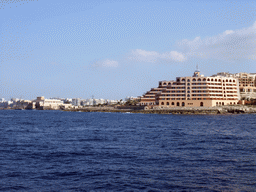 St. Julian`s with the Radisson Blu Resort and the Dragonara Point with the Dragonara Casino, viewed from the Luzzu Cruises tour boat from Comino to Malta