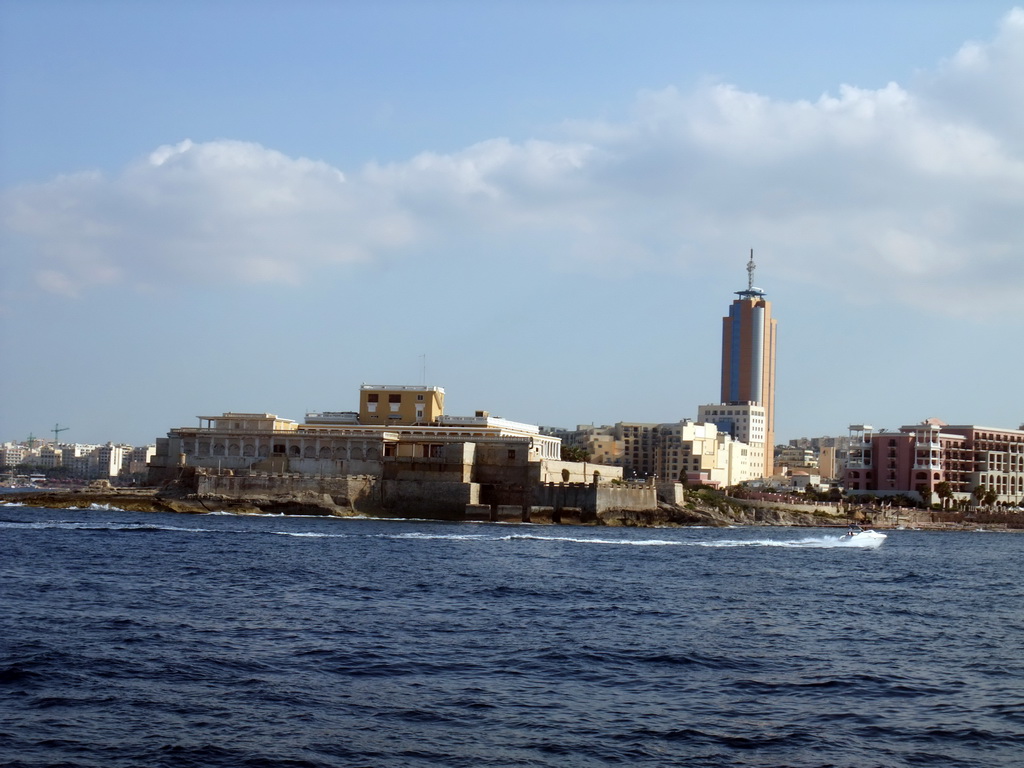 The Dragonara Point at St.Julians with the Dragonara Casino and the Hilton Malta Hotel, viewed from the Luzzu Cruises tour boat from Comino to Malta