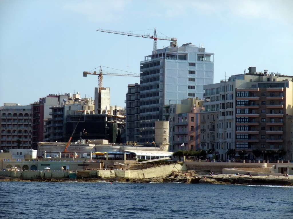 Sliema with the Il-Fortizza building, viewed from the Luzzu Cruises tour boat from Comino to Malta