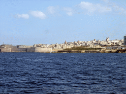 Valletta with Fort Saint Elmo and Sliema with Fort Tigné at the Tigné Point, viewed from the Luzzu Cruises tour boat from Comino to Malta