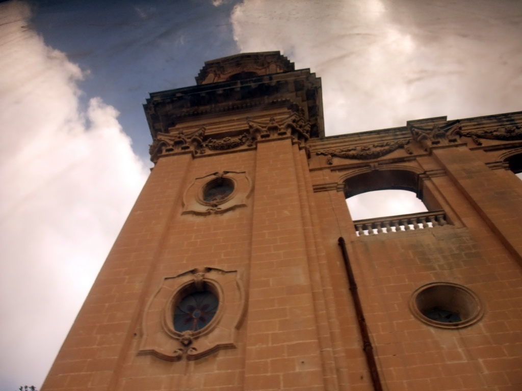 The tower of the Naxxar Parish Church at Naxxar, viewed from the bus from Sliema to Mdina