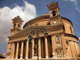 The front of the Church of the Assumption of Our Lady at Mosta, viewed from the bus from Sliema to Mdina