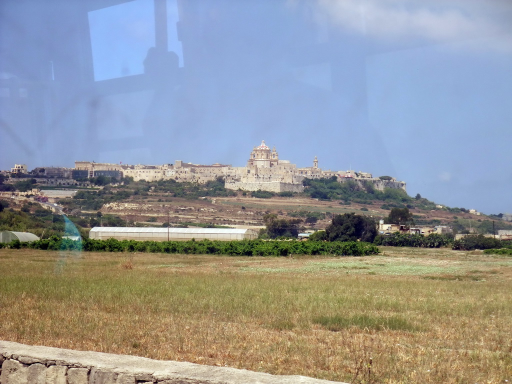The east side of Mdina with St. Paul`s Cathedral, viewed from the bus from Sliema to Mdina