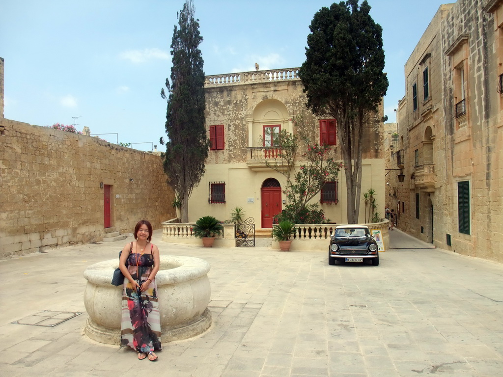 Miaomiao with the Villa Tesoriere at the Pjazza Tas-Sur square at Mdina