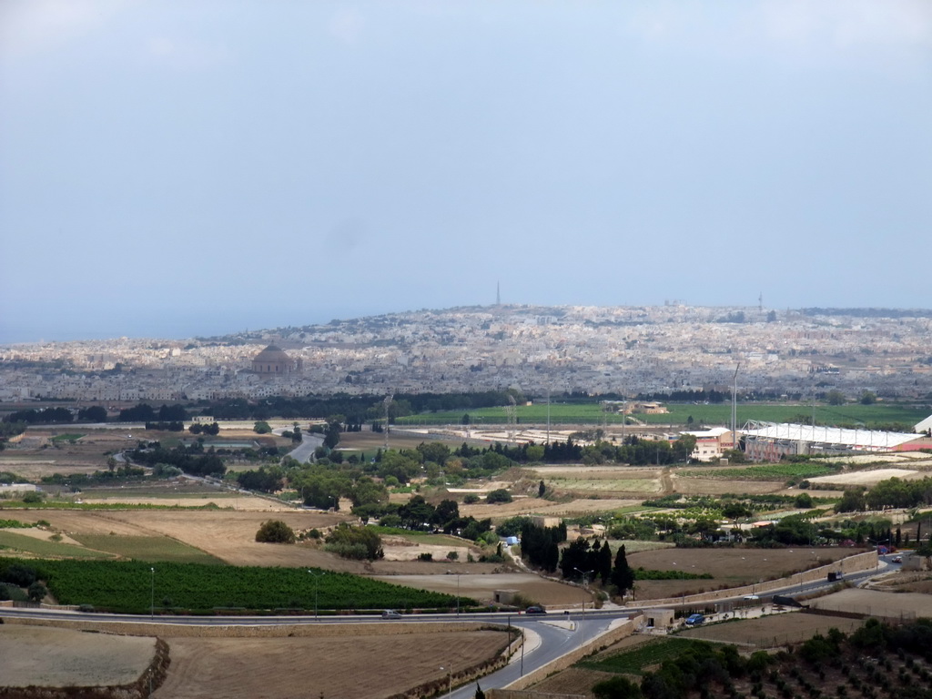 The town of Mosta and the dome of the Church of the Assumption of Our Lady, viewed from the Pjazza Tas-Sur square at Mdina