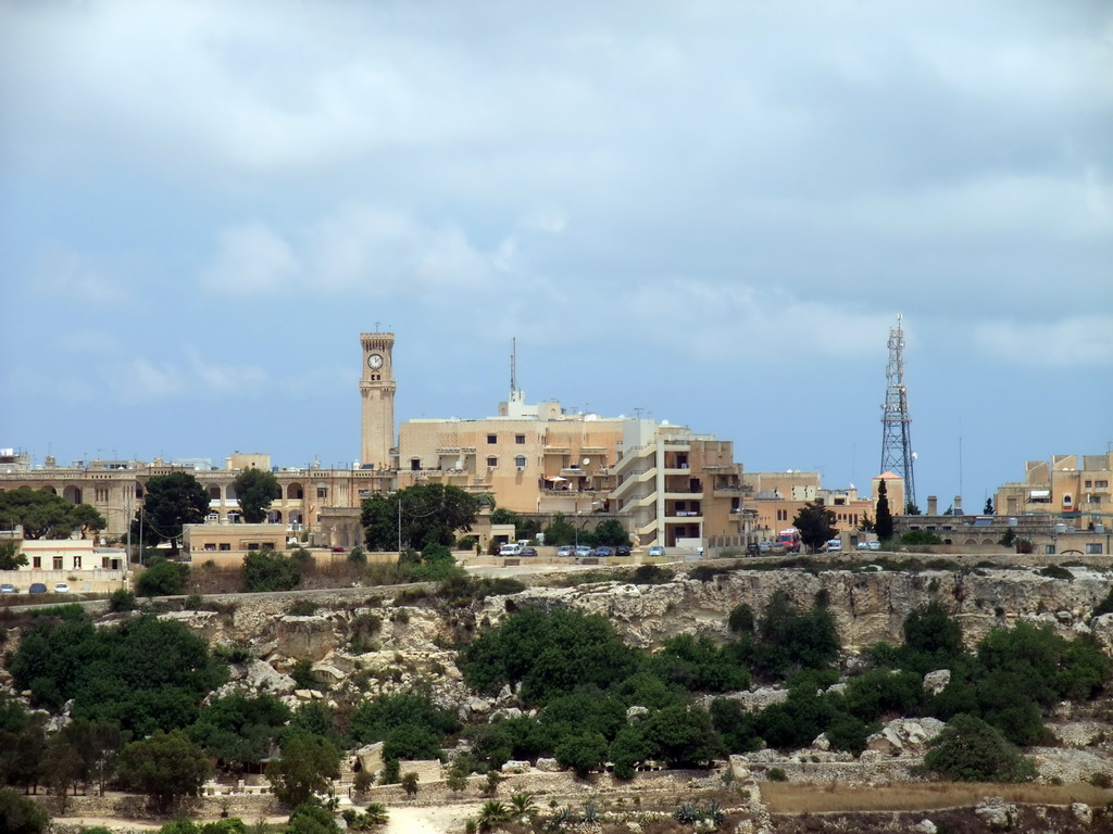 The town of Mtarfa with the Mtarfa Clock Tower, viewed from the Pjazza Tas-Sur square at Mdina