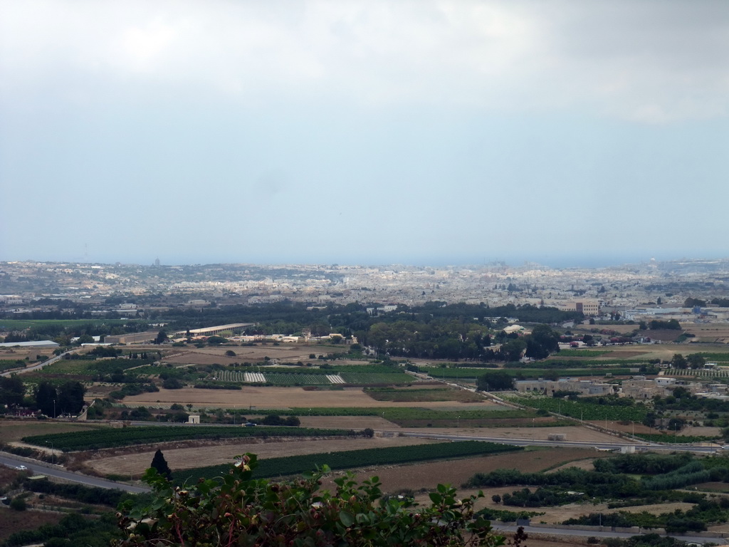 The Ta` Qali National Stadium and the towns of Mosta, Naxxar and Attard, viewed from the Pjazza Tas-Sur square at Mdina