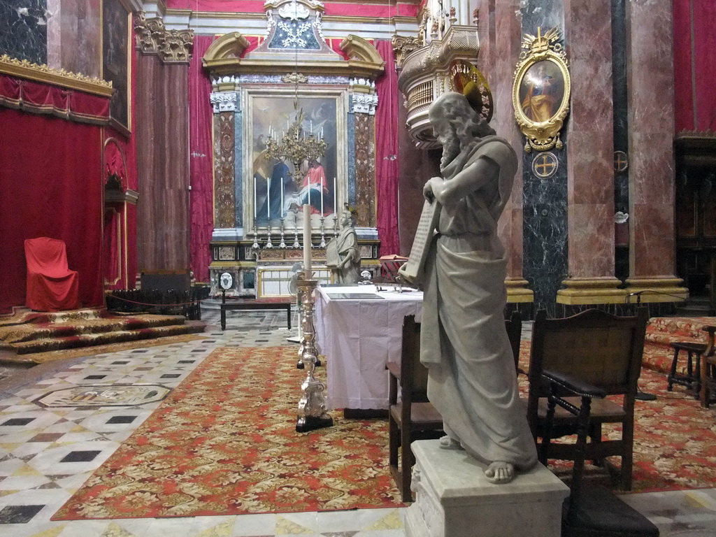Statues, altar and left organ at St. Paul`s Cathedral at Mdina