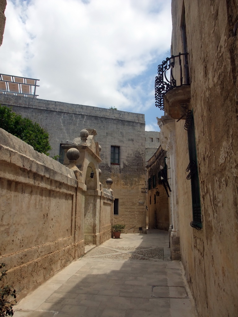 The Triq Gatto Murina street with the entrance to the Palazzo Gatto Murina building at Mdina