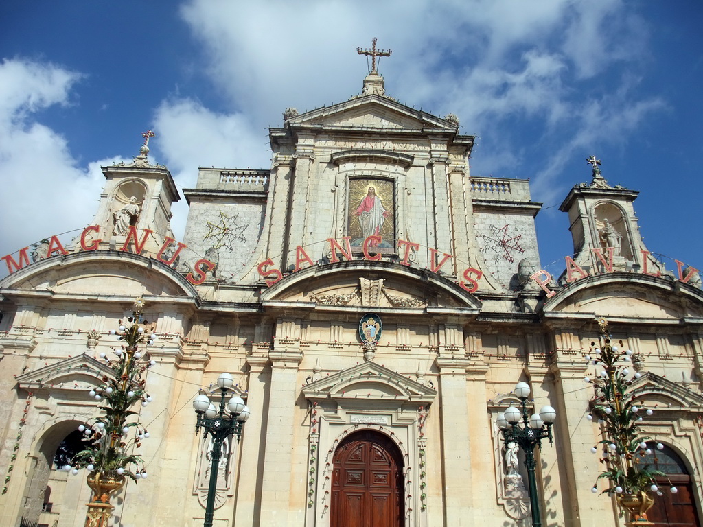 Front of St. Paul`s Church at the Misrah Il-Parrocca square at Rabat, viewed from a horse and carriage