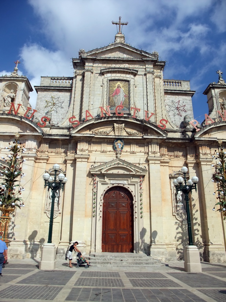 Front of St. Paul`s Church at the Misrah Il-Parrocca square at Rabat, viewed from a horse and carriage