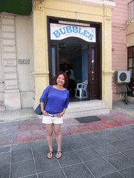 Miaomiao at the front of the `Bubbles - Dr Fish Foot Spa` at the Triq It-Torri street at Sliema