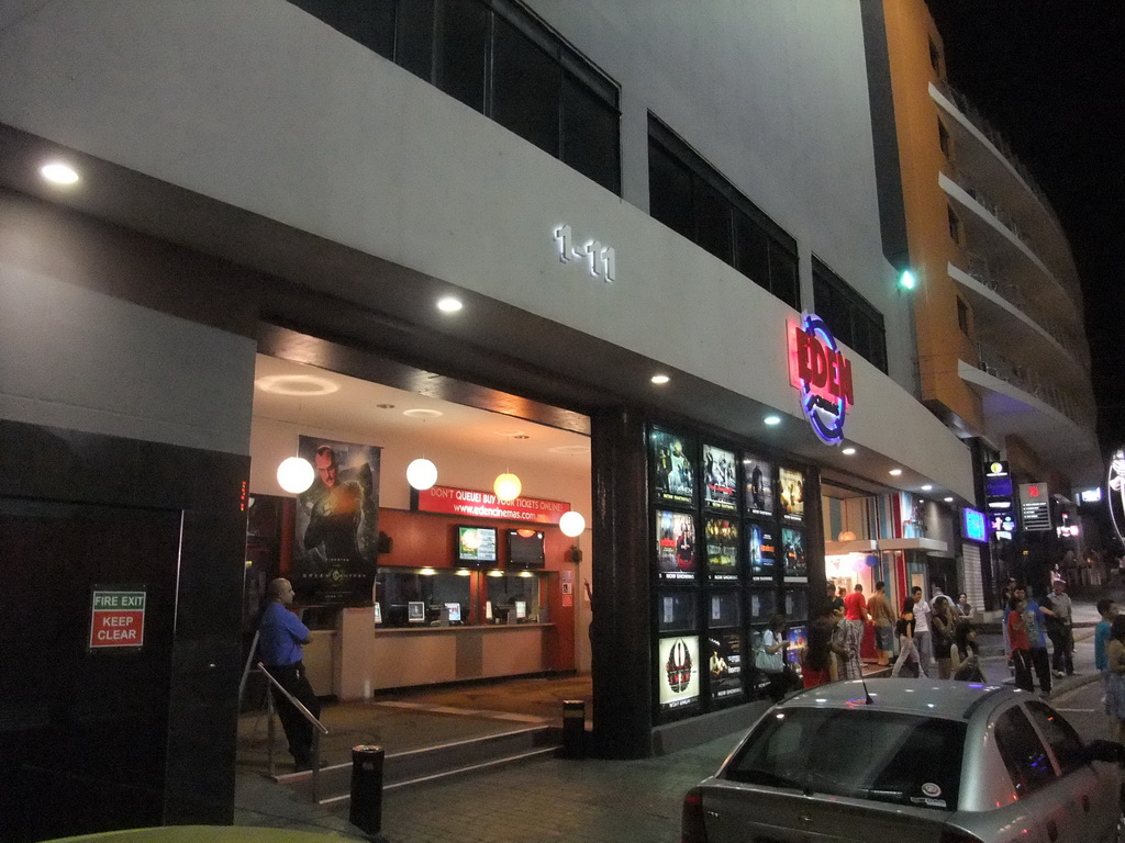 Front of the Eden Cinemas at the Triq Santu Wistin street at Paceville, by night