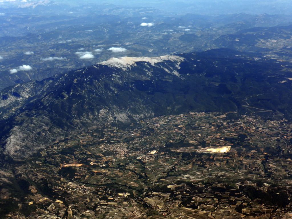 The Mont Ventoux mountain and the town of Bédoin, viewed from the airplane from Amsterdam