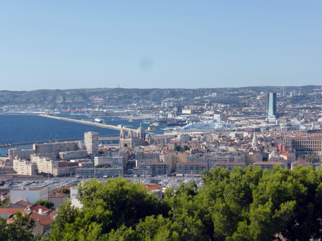 The Old Port, the harbour of Marseille, the CMA CGM Tower and the Marseille Cathedral, viewed from the road to the Notre-Dame de la Garde basilica