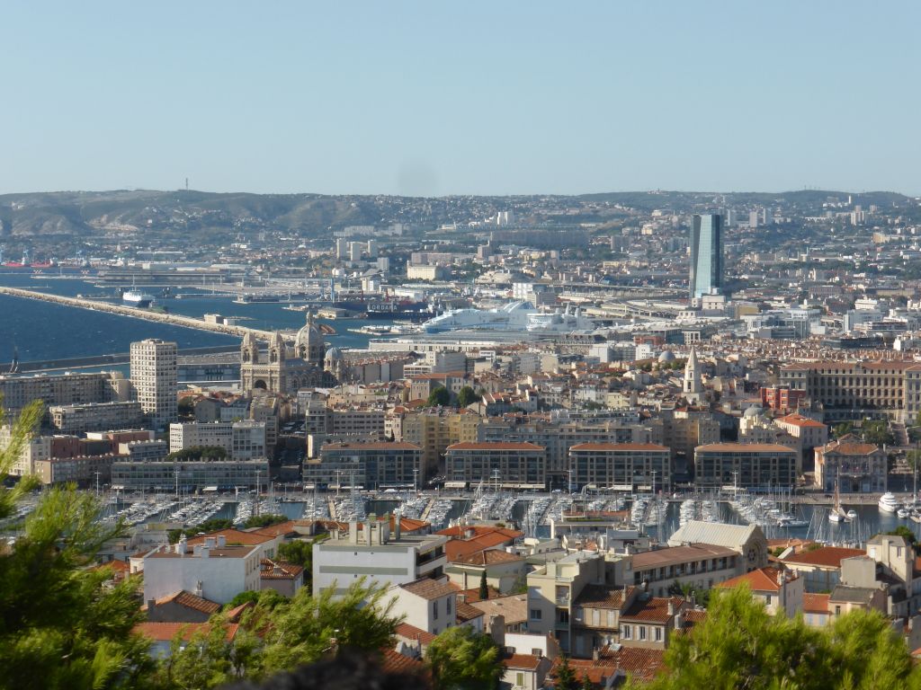 The Old Port, the harbour of Marseille, the CMA CGM Tower and the Marseille Cathedral, viewed from the road to the Notre-Dame de la Garde basilica