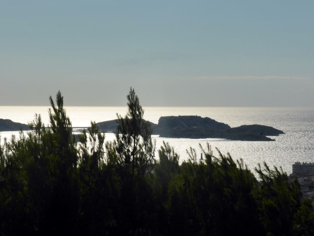 The Pomègues and Ratonneau islands and the Château d`If castle, viewed from the staircase to the Notre-Dame de la Garde basilica