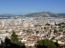 The Massif des Calanques mountain range and the south side of the city, viewed from the south side of the square around the Notre-Dame de la Garde basilica