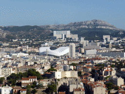 The Stade Vélodrome stadium, the Campus de Luminy of the University of Aix-Marseille and the Mont Puget mountain, viewed from the southeast side of the square around the Notre-Dame de la Garde basilica