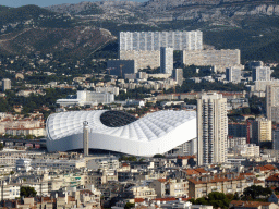 The Stade Vélodrome stadium, the Campus de Luminy of the University of Aix-Marseille and the Mont Puget mountain, viewed from the southeast side of the square around the Notre-Dame de la Garde basilica