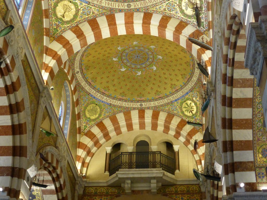 Nave and balcony above the entrance door at the Notre-Dame de la Garde basilica