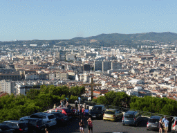 Wooden cross at the square in front of the Notre-Dame de la Garde basilica and the city center, viewed from the road from the Notre-Dame de la Garde basilica