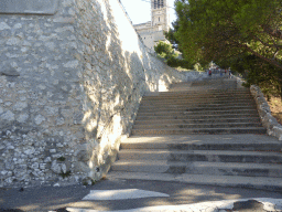 Staircase leading to the square in front of the Notre-Dame de la Garde basilica, viewed from the tourist train from the Notre-Dame de la Garde basilica to the city center