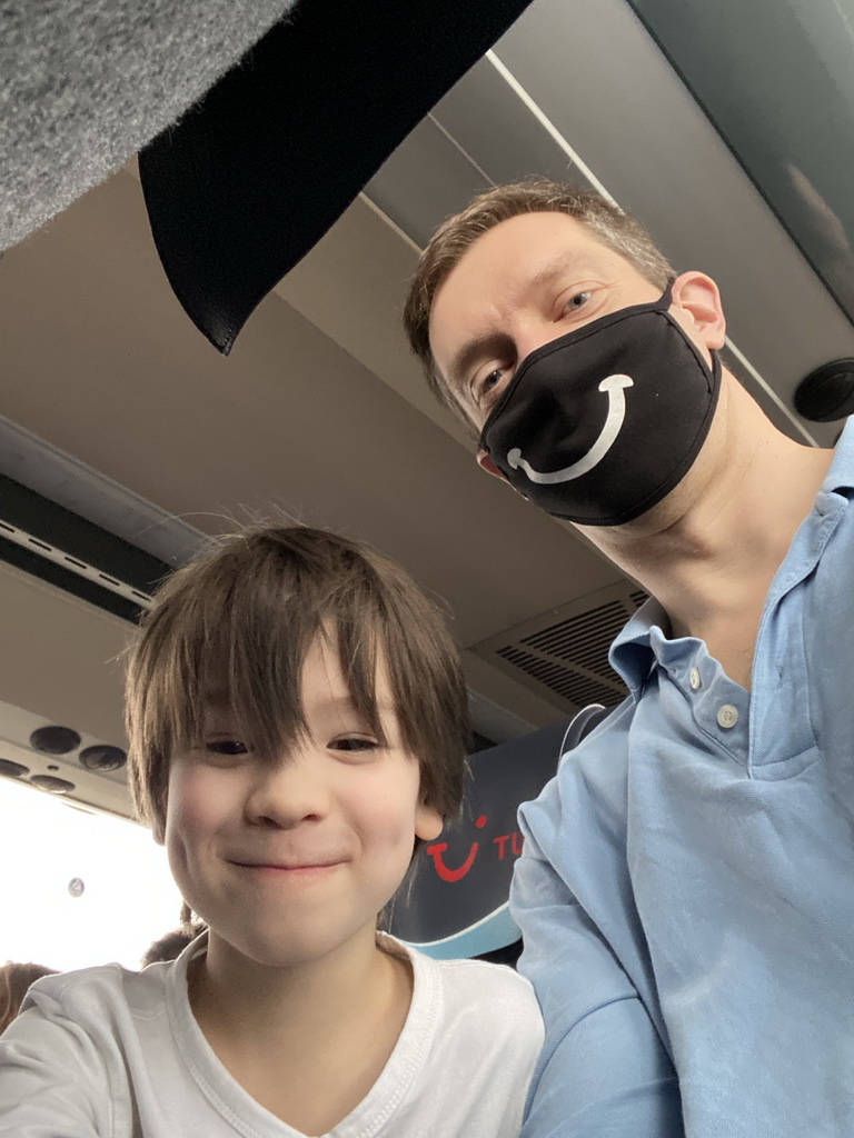 Tim and Max in the shuttle bus from the Gran Canaria Airport on the GC-1 road