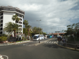 Front of the Hotel Parque Tropical and the Shopping Center Tropical at the Calle el Escorial street, viewed from the shuttle bus from the Gran Canaria Airport