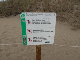 Sign at the northeast side of the Maspalomas Dunes at the Playa del Inglés beach