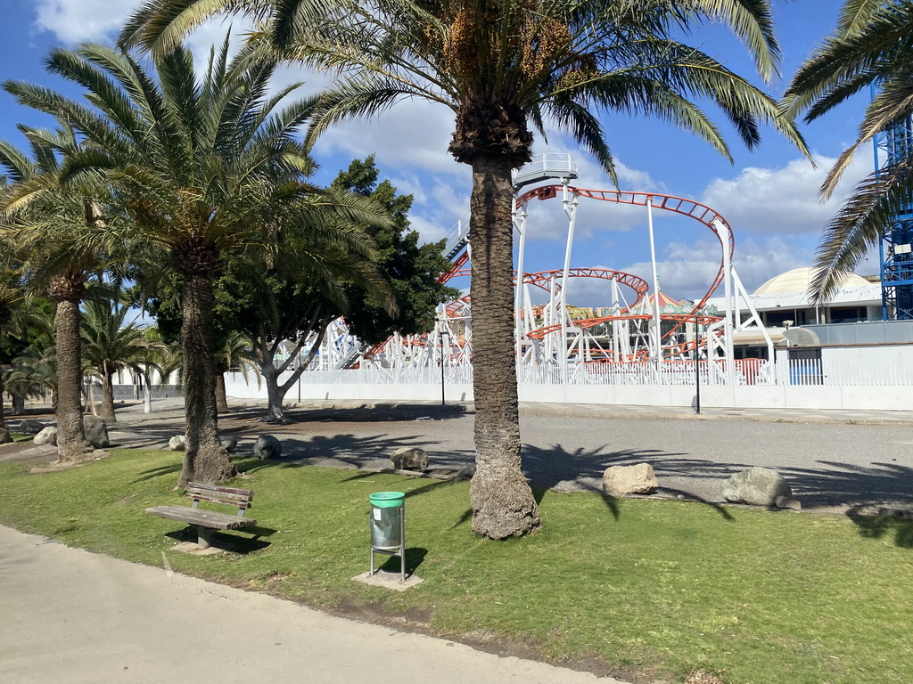 Rollercoaster at the Holiday World Maspalomas Center theme park at the Avenida Touroperador Tui street, viewed from the bus to the Palmitos Park