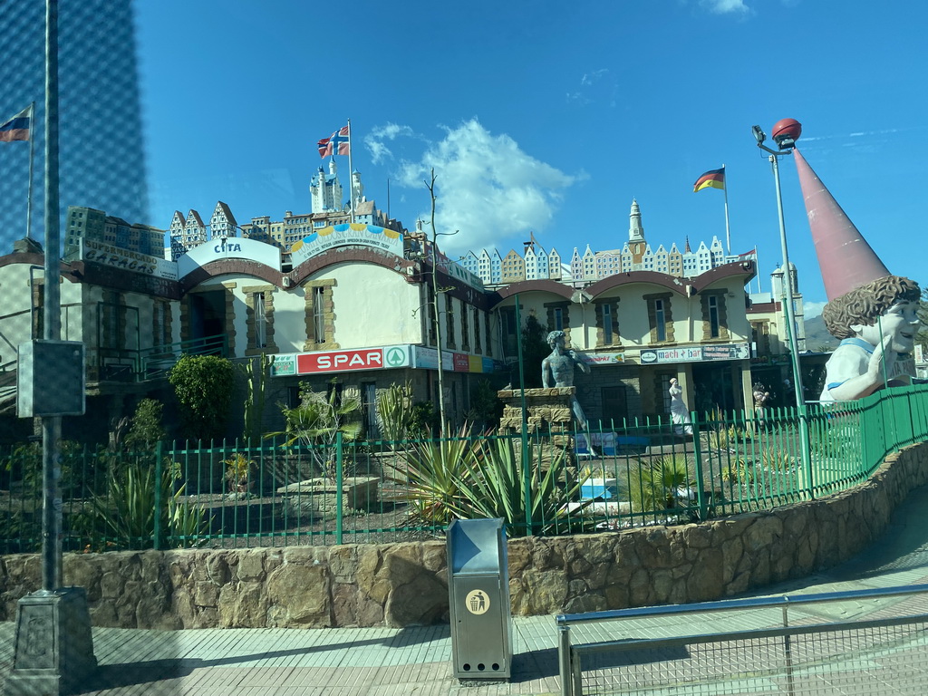 Southeast side of the Cita shopping mall at the Avenida de Francia street, viewed from the bus from the Palmitos Park