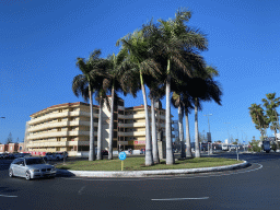 The Apartamentos Tanife hotel at the Avenida te Tirajana street, viewed from the tour bus