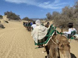 Miaomiao and Max on their Dromedary at the Maspalomas Dunes, viewed from Tim`s Dromedary, during the Camel Safari