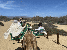 Miaomiao and Max on their Dromedary at the Maspalomas Dunes, viewed from Tim`s Dromedary, during the Camel Safari