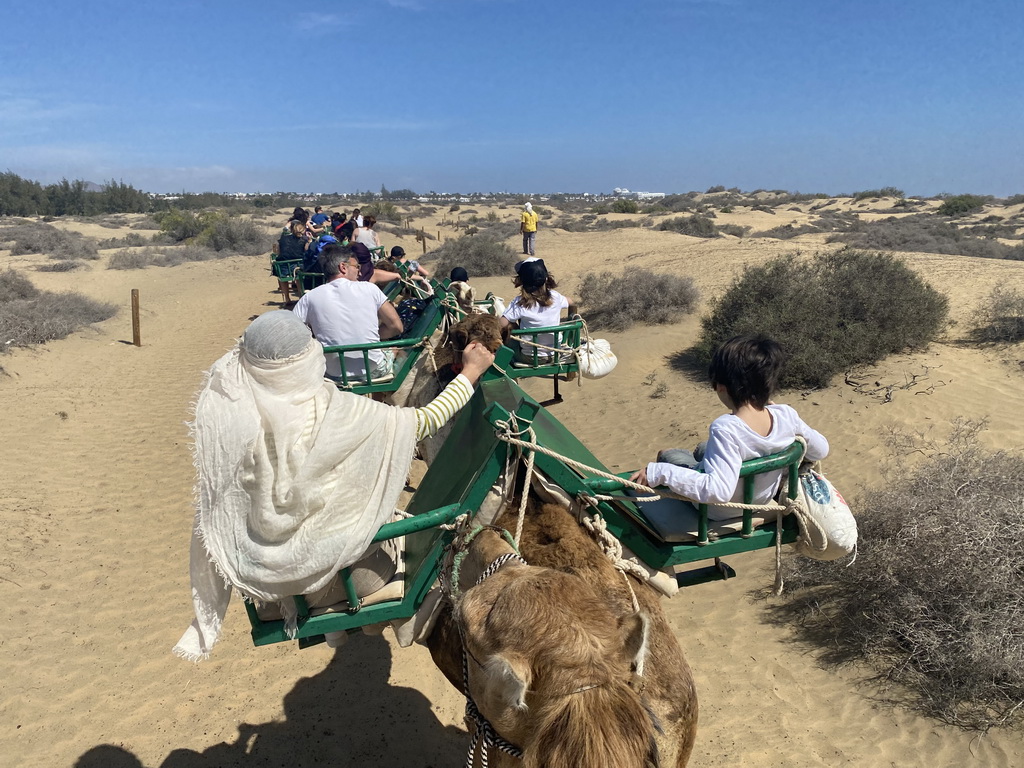 Miaomiao and Max on their Dromedary at the Maspalomas Dunes, viewed from Tim`s Dromedary, during the Camel Safari